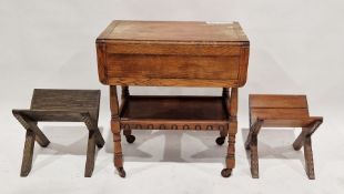 20th century oak drop-leaf drinks trolley, of rectangular form raised on turned wooden legs with