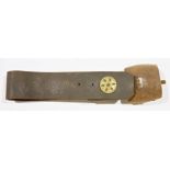 Vintage leather and brass-mounted cow bell with studded leather collar and foliate roundel mount,