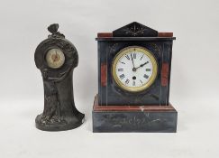 Late Victorian black slate marble-mounted mantel clock of architectural form with white enamelled