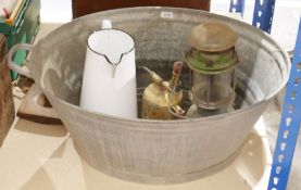 Vintage Bialaddin pressure lamp, a vintage Mysto pheumatic oil can, a metal enamelled jug, a