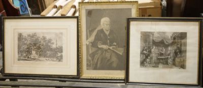 Various 19th century framed prints to include after G. Morland 'Selling Peas', 'King John