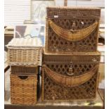 Set of three vintage graduating wicker and pierced metal storage chests and a wicker hamper (4)