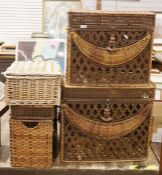 Set of three vintage graduating wicker and pierced metal storage chests and a wicker hamper (4)