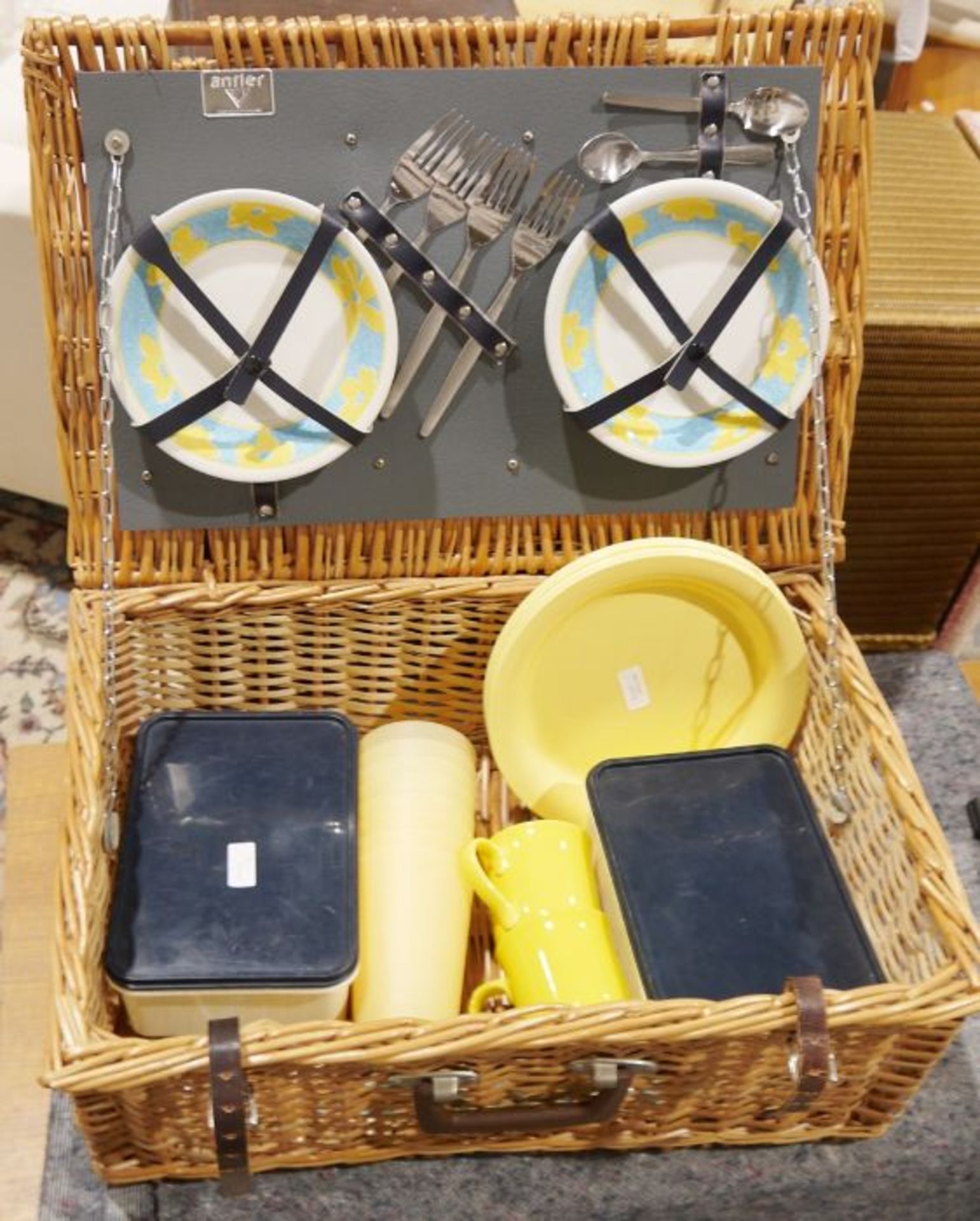 An 'Antler' wicker picnic basket and contents