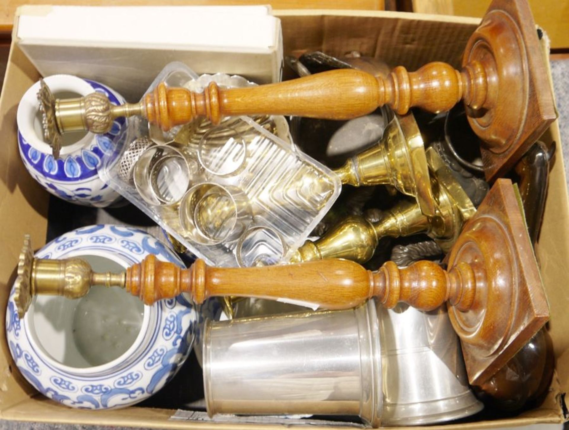 Pair of turned wooden candlesticks with brass sconces, a Beswick model of a horse, two pewter