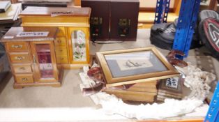 Oval wall mirror, three wooden jewellery boxes, a parquetry inlaid wooden box, a 19th century