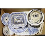 Quantity of blue and white chinaware and a quantity of plate stands (2 boxes)