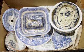 Quantity of blue and white chinaware and a quantity of plate stands (2 boxes)