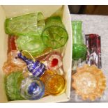 Quantity of coloured glassware to include carnival glass, a Mdina glass basket bowl, a JG Durand
