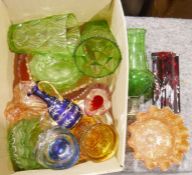 Quantity of coloured glassware to include carnival glass, a Mdina glass basket bowl, a JG Durand