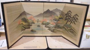 Japanese watercolour on silk, small folding screen, 59.5 h. x 40 cms when extended