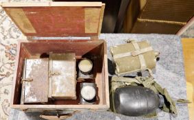 Small quantity of military items to include flasks, tins, two vintage bicycle lights in an Air