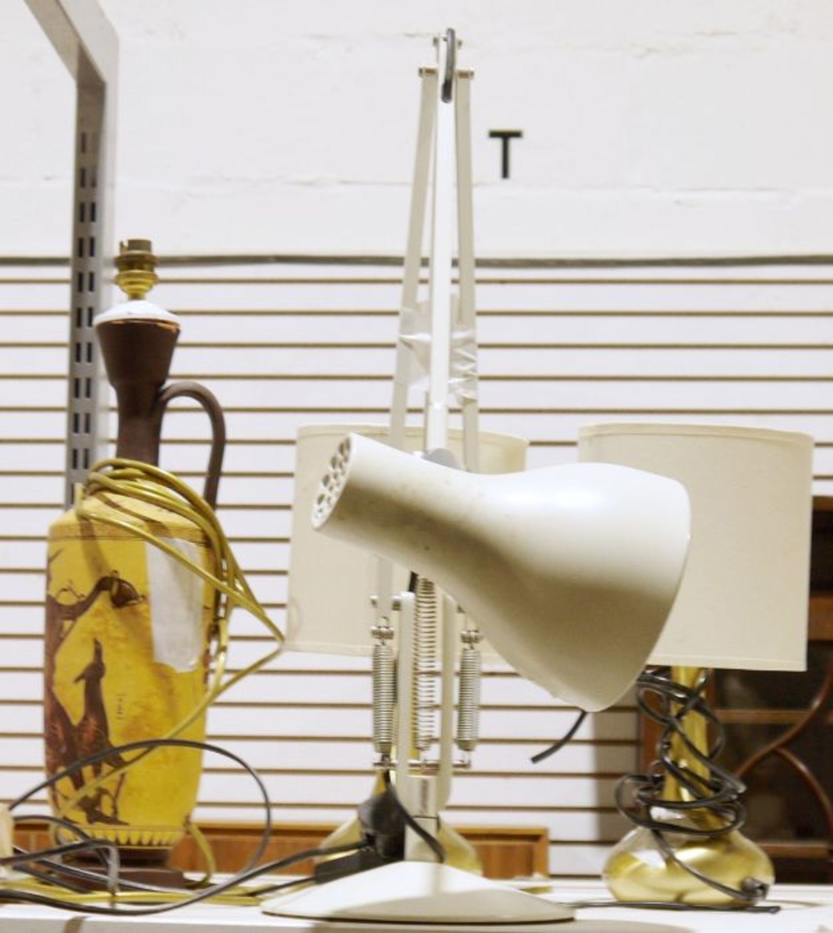 Modern anglepoise lamp, a table lamp in the form of a grecian jug and a pair of table lamps (4)