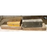 Vintage wooden specimen box, two wooden tool boxes to include tools and a metal cash/storage box (4)