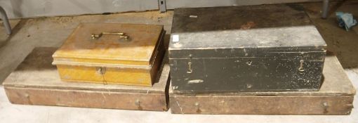 Vintage wooden specimen box, two wooden tool boxes to include tools and a metal cash/storage box (4)