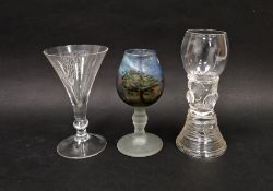 Siddy Langley glass goblet, the bowl decorated with a landscape of tree and birds, raised on frosted