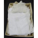 Assorted table linen and embroidered items to include a large lace and drawn thread table cloth,