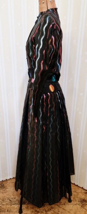 Bruce Oldfield ball gown, black with lame curved stripes in blue, pink and gold, peplum broad belt - Image 11 of 18