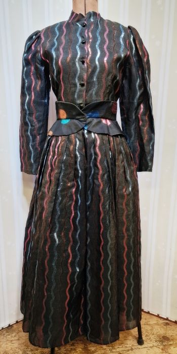 Bruce Oldfield ball gown, black with lame curved stripes in blue, pink and gold, peplum broad belt - Image 10 of 18