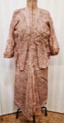 1940's/50s apricot coloured lace over buff coloured satin evening dress, net panels, drop waist with