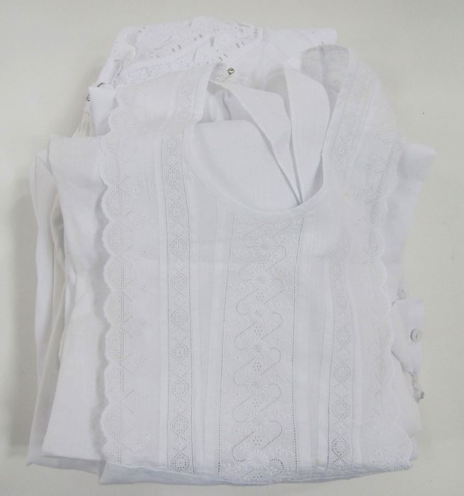 White cotton apron with a lace and whitework bib, two Victorian nightgowns both pintucked broderie - Image 6 of 9