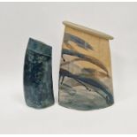 Studio pottery slab built vase with textured exterior, blue and green brushwork glaze, of elliptical