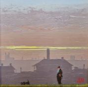 Austin Moseley (1930-2013)  Oil on board  "Crack of Dawn", man and dog with hilltops and sunrise