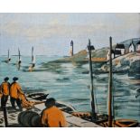 20th century printed and painted picture on cotton panel, decorated with fisherman in seascape, in