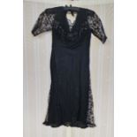 1920's/30's black crepe dress, lace godets, lace sleeves, beaded bodice in faux jet and a black