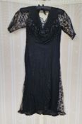 1920's/30's black crepe dress, lace godets, lace sleeves, beaded bodice in faux jet and a black