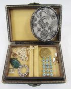 Jewel box, leather with gilt ruled decorations, tray lifts out, lined with velvet, a faux-pearl