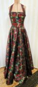 1950's halter neck evening dress, fitted bodice with full skirt, printed in swirls of greens ,