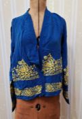 Chinese silk jacket, blue, with yellow embroidery, side pockets with yellow embroidered detail,