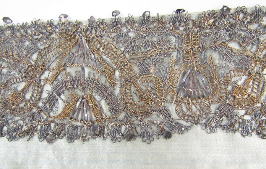 Length of 17th century silver and silver-gilt lace as a border, 6cm wide, on pale blue silk cloth, - Image 3 of 24