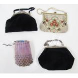 Edwardian velvet evening bag with silver-plated fixed frame, with repousse decoration and button