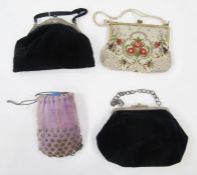 Edwardian velvet evening bag with silver-plated fixed frame, with repousse decoration and button