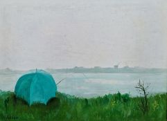 Janet Ledger (b.1931)  Oil on board  Fisherman with green umbrella, on river bank with industrial