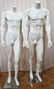 A pair of white gloss male figure mannequins, each on silvered square base, 174cm high.