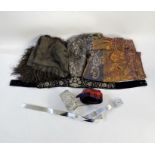 Assorted vintage items to include a silver diamante belt, a silver net shawl, an embroidered