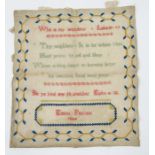 An unframed sampler named 'Emma Pearson 1844'  "who is thy neighbour....", another by Emma dated