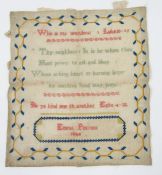 An unframed sampler named 'Emma Pearson 1844'  "who is thy neighbour....", another by Emma dated