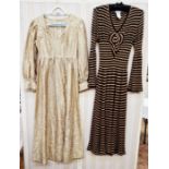 Sonya Rykiel knitted maxi dress, brown and camel, drop waist, fitted body, angel sleeves, knitted