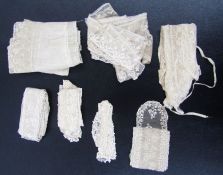 10 narrow lengths of bobbin lace, possibly 19th century mechlin, four similar deeper lengths and a