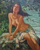 Romeo Borja Enriquez (b.1920) Oil on canvas Portrait of a scantily draped lady in river landscape,