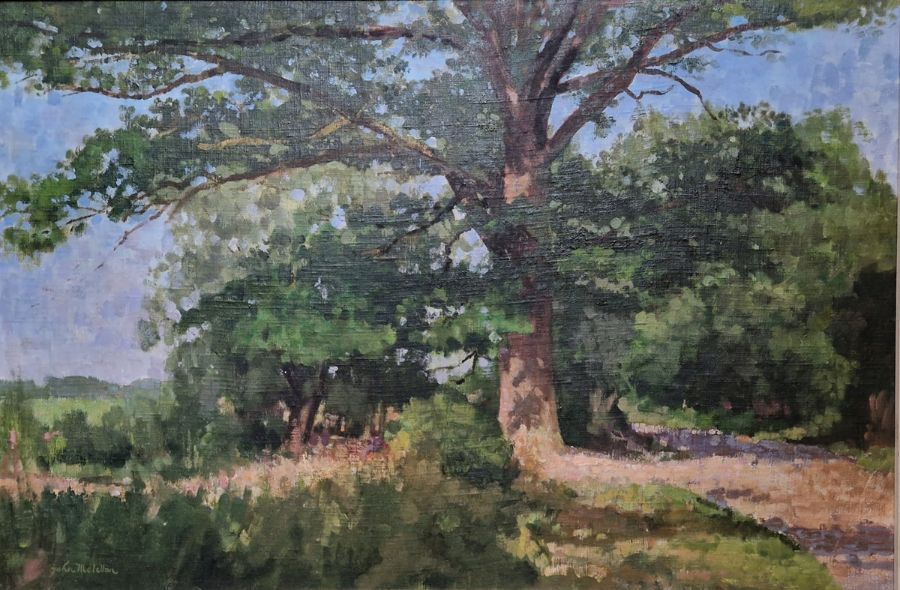 John McLellan Oil on board Study of an oak, signed, with NEAC label verso, 49cm x 74cm - Image 5 of 5