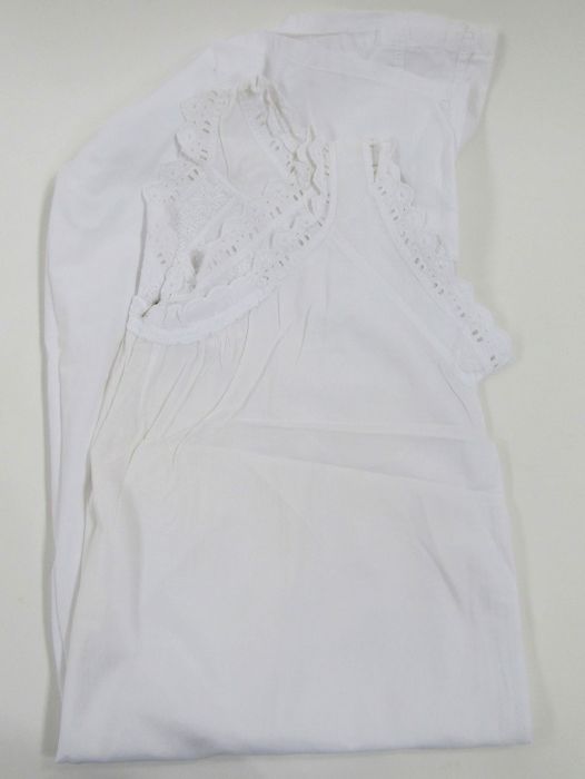 White cotton apron with a lace and whitework bib, two Victorian nightgowns both pintucked broderie - Image 9 of 9