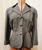 1940's grey wool jacket, fitted at the waist, with black velvet collar, three-quarter length sleeves