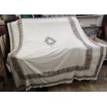 Large linen tablecloth/bedcover, embroidered in many coloured silks with flowers in vases and