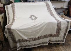 Large linen tablecloth/bedcover, embroidered in many coloured silks with flowers in vases and