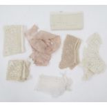 Various lace collars, an embroidered chiffon collar, a lace and silk handkerchief, a part